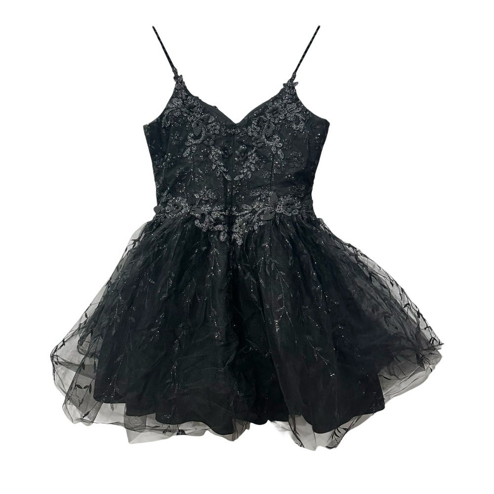 Dancing Queen Juniors L Black Sequin Floral Appliqué Tulle Formal Dress Hoco